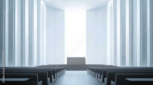 A legislative hall with modern minimalist design and a large central podium. Featuring leadership and clarity