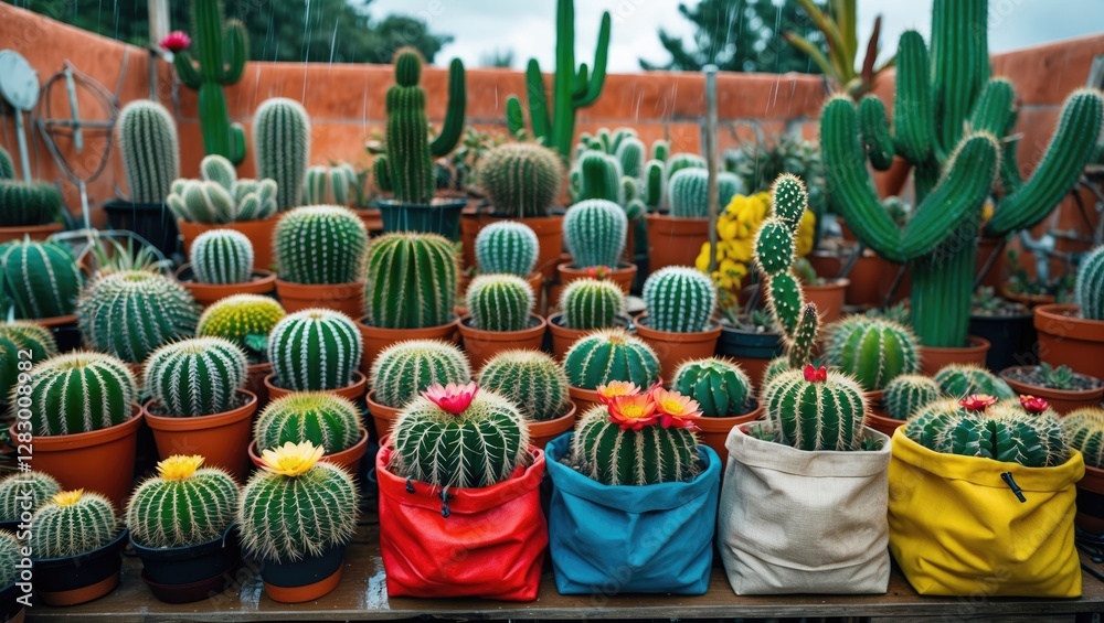Fototapeta premium Colorful Cactus Nursery with Varied Flora Neatly Arranged in Pots and Bags Ideal for Spring Garden Tourism and Botanical Enthusiasts