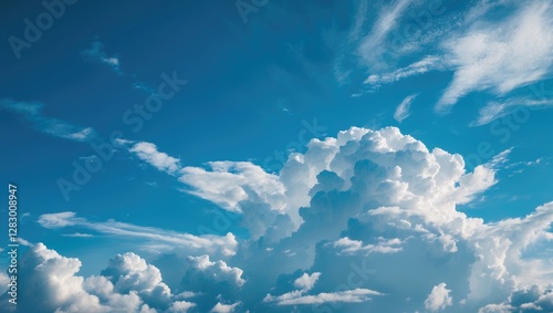 Vibrant blue sky with fluffy white clouds creating a serene and peaceful background ideal for nature and travel themes.