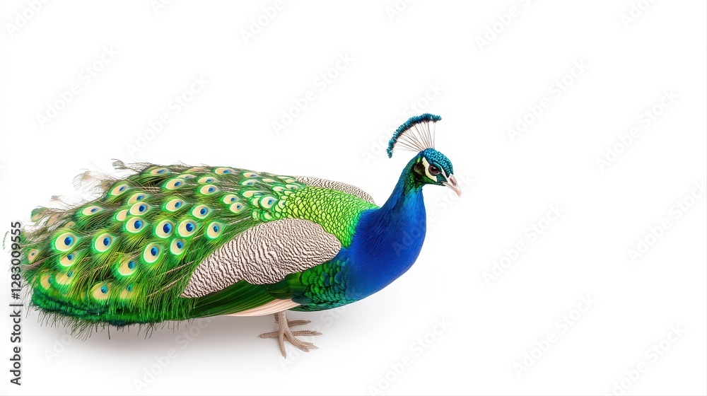 Obraz premium Striking peacock displaying its beautiful feathers in a full spread while standing proudly in natural habitat