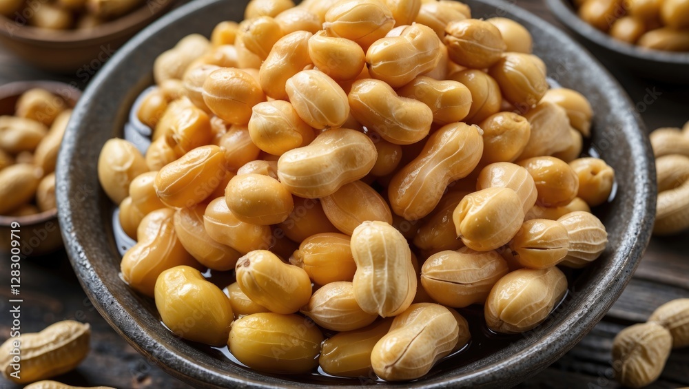 Boiled peanuts in a bowl displaying traditional Thai snack food with a rustic wooden background