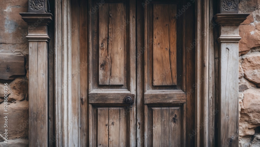 Detailed close-up of an antique wooden door with rustic textures and ornate frame elements showcasing craftsmanship and character. Detailed close-up of an antique wooden door with rustic textures and ornate frame elements showcasing craftsmanship and character.