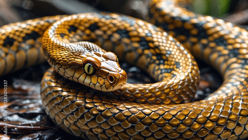 Fototapeta premium Golden-scaled Indian snake coiled on natural background showcasing vibrant colors and intricate patterns in a serene jungle setting.