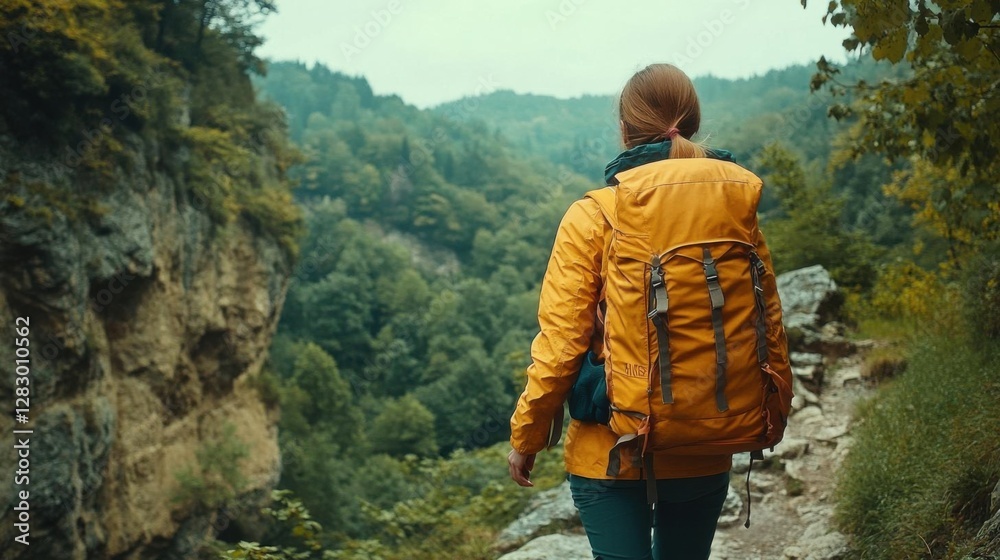 Naklejka premium woman hiker with backpack hiking on mountain trail in autumn, rear view. Travel, adventure. Concept of an active lifestyle.
