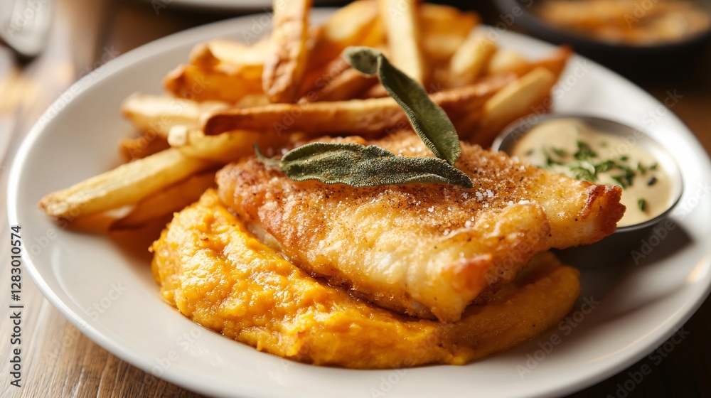 A Thanksgiving special fish and chips with a butternut squash puree dip, crispy sage garnish, and a sprinkle of spiced nutmeg salt A Thanksgiving special fish and chips with a butternut squash puree dip, crispy sage garnish, and a sprinkle of spiced nutmeg salt