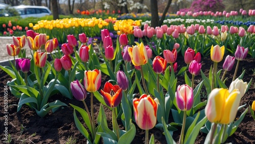 Vibrant tulip garden in full bloom showcasing a colorful array of flowers under bright spring sunshine with lush green foliage. photo