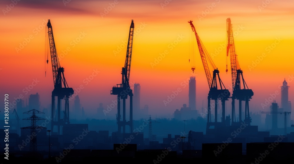 Obraz premium Container ship silhouette of industrial cranes concept. Dramatic Sunset Over Silhouetted Container Ships and Industrial Harbor Skyline