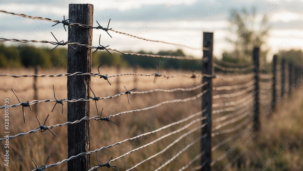 Barbed Wire Fence Stretching Across Field Under Soft Evening Light