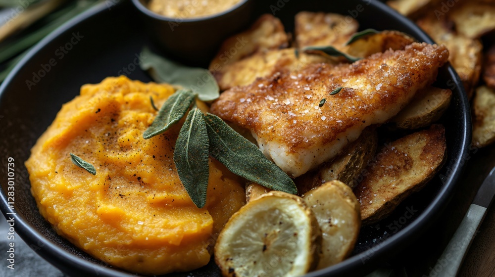 A Thanksgiving special fish and chips with a butternut squash puree dip, crispy sage garnish, and a sprinkle of spiced nutmeg salt