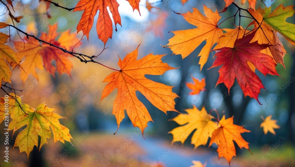 Vibrant autumn maple leaves in warm hues creating a beautiful seasonal background with a blurred pathway in the distance. Vibrant autumn maple leaves in warm hues creating a beautiful seasonal background with a blurred pathway in the distance.