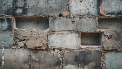 Concrete block wall texture with visible dirt, stains, and imperfections on a weathered surface. Suitable for construction and architectural themes. photo