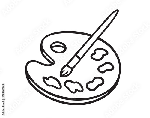 palette with paint brush doodle hand drawn icon. Outline drawing palette with paint brush line clipart symbol