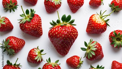 Fresh red strawberries arranged on a white background showcasing their vibrant color and green leaves