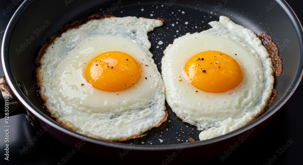 Two sunny side up eggs with crispy edges sizzle in a nonstick pan Two sunny side up eggs with crispy edges sizzle in a nonstick pan