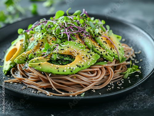 A contemporary take on cold soba noodles, plated with creative fusion toppings such as thinly sliced avocado, microgreens, and sesame dressing. The sleek black dishware and stylish background photo