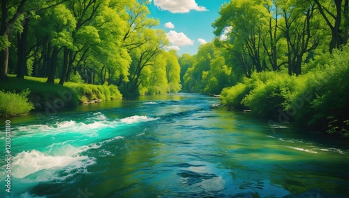 Lush green landscape with a flowing river under a bright blue sky and fluffy clouds in a peaceful natural setting