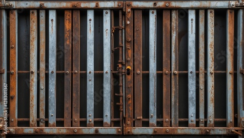 Weathered metal folding gate with rust and corrosion, showcasing its aged appearance and industrial texture for backgrounds or designs.