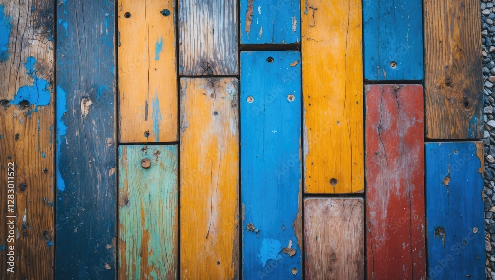 Colorful wooden sidewalk background with a mixed palette of blue, yellow, green, and red boards showcasing texture and rustic charm.