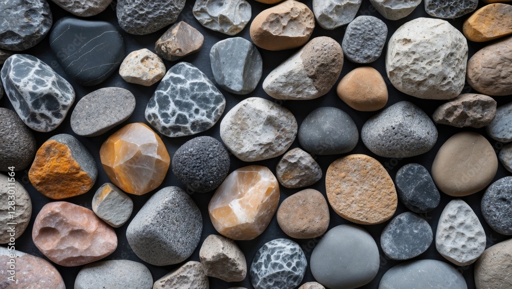 Colorful and diverse textures of natural stones arranged harmoniously as a background for design and artistic purposes. Colorful and diverse textures of natural stones arranged harmoniously as a background for design and artistic purposes.