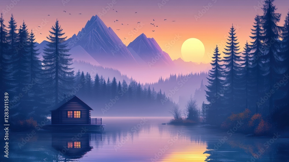 Fototapeta premium Serene Sunset Cabin Lakeside Mountain View