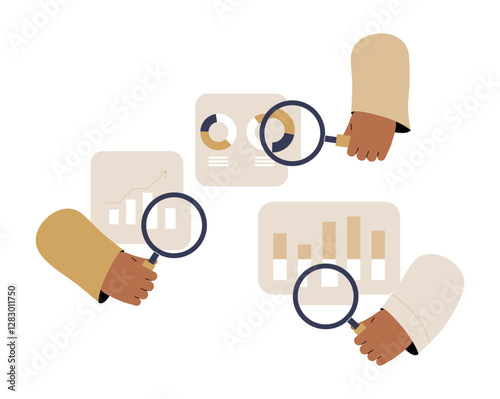 Business Analysts Examining Data Reports With Magnifying Glasses In Flat Vector Illustration Symbolizing Market Research, Analytics, And Performance Review, Isolated On White Background