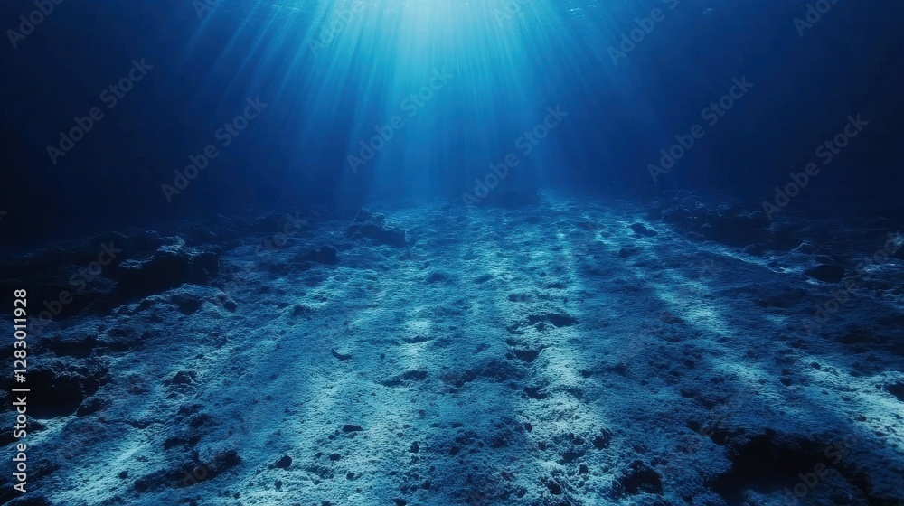 Naklejka premium Dramatic Underwater Scene Sunbeams Illuminate Ocean Floor Rocky Seabed Texture