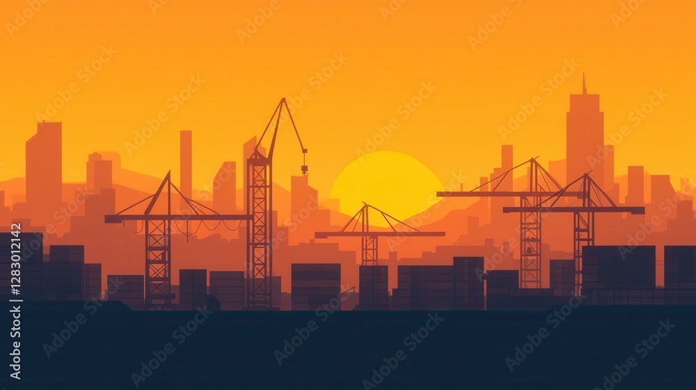 Fototapeta premium Container ship silhouette of industrial cranes concept. Silhouetted Cargo Ships at Sunset Against an Industrial Port Skyline