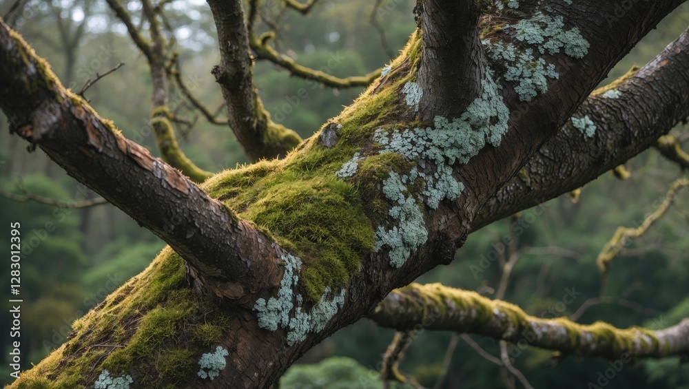 Moss and lichen covered tree branch in serene forest environment with blurred green background. Natural textures and patterns in nature. Moss and lichen covered tree branch in serene forest environment with blurred green background. Natural textures and patterns in nature.