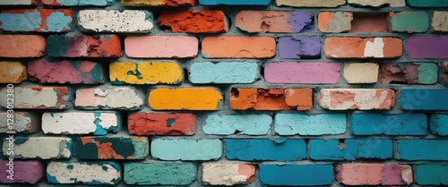 Colorful graffiti painted brick wall with peeling paint and a variety of vibrant hues in urban setting. photo