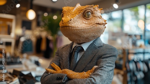 A lizard in a suit confidently stands with arms crossed in a retail store setting. photo