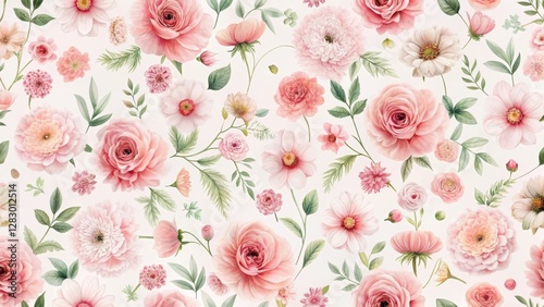 Wallpaper Mural Delicate pink flowers arranged in a seamless floral pattern on a soft white background , minimalist art, feminine decor Torontodigital.ca