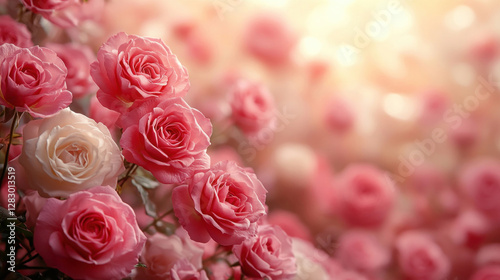 Flower background of a dense bed of pink and white roses with soft lighting