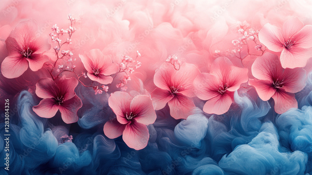 Spring abstract featuring swirling watercolor gradients in soft blues and pinks with floral overlays Spring abstract featuring swirling watercolor gradients in soft blues and pinks with floral overlays