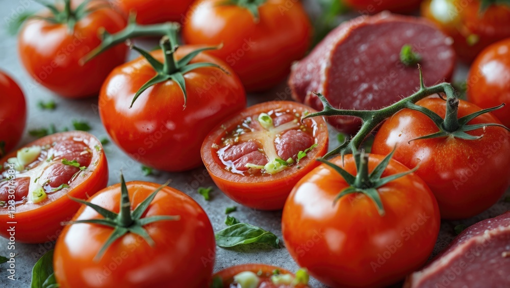 Fresh ripe tomatoes with sliced meat arranged artistically on a rustic surface showcasing vibrant colors and textures for culinary designs. Fresh ripe tomatoes with sliced meat arranged artistically on a rustic surface showcasing vibrant colors and textures for culinary designs.