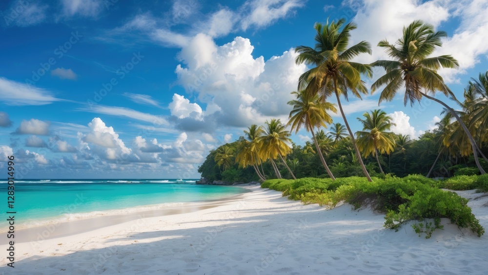 Fototapeta premium Tropical paradise featuring white sandy beach, azure ocean, lush palm trees, and dramatic clouds under a vibrant blue sky.