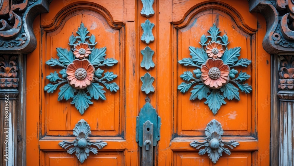 Vibrant orange wooden door with intricate flower motifs and ornamental details showcasing artistry and craftsmanship in traditional design. Vibrant orange wooden door with intricate flower motifs and ornamental details showcasing artistry and craftsmanship in traditional design.