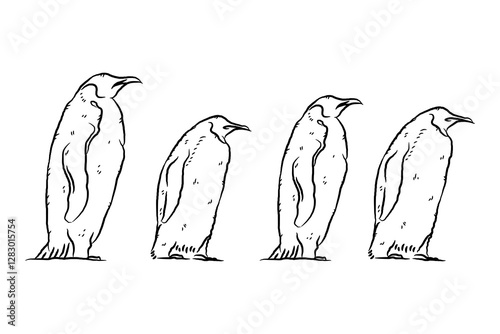 Group of penguin walking together on snow ice, hand drawn line sketch vector illustration