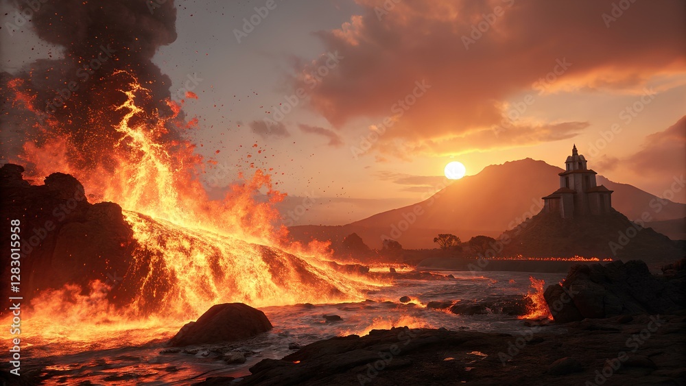 Fototapeta premium volcanic eruption with flowing lava near an ancient temple at sunset, dramatic natural disaster and breathtaking landscape scene