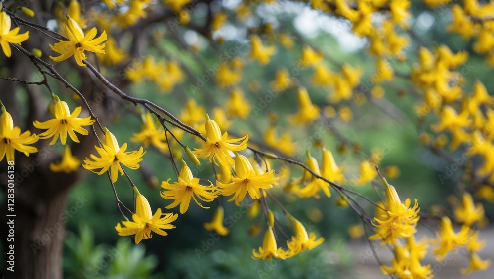 Yellow flowering branches with vibrant blossoms in a natural outdoor setting, blurred green background, spring season. Yellow flowering branches with vibrant blossoms in a natural outdoor setting, blurred green background, spring season.