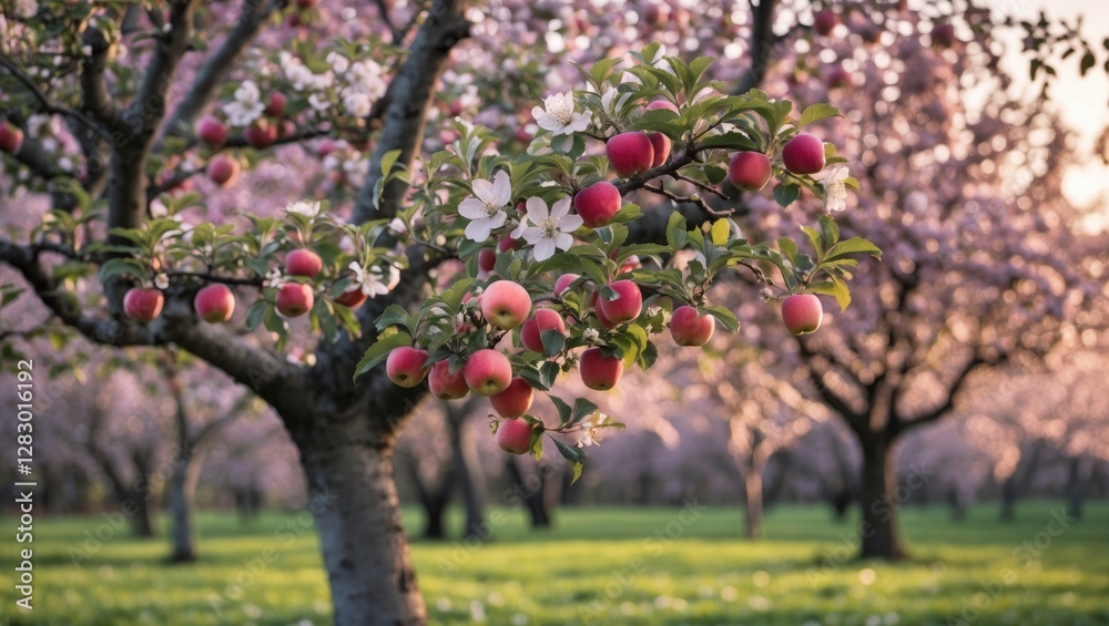 Blossoming apple tree with pink flowers and ripe fruit in a scenic orchard during springtime. Blossoming apple tree with pink flowers and ripe fruit in a scenic orchard during springtime.