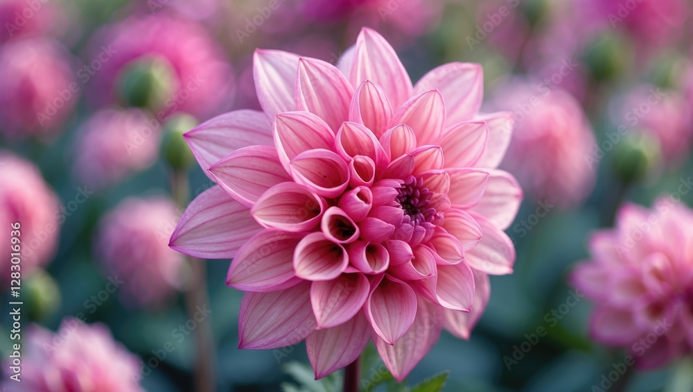Pink dahlia flower with layered petals and intricate design surrounded by greenery in a garden setting Pink dahlia flower with layered petals and intricate design surrounded by greenery in a garden setting