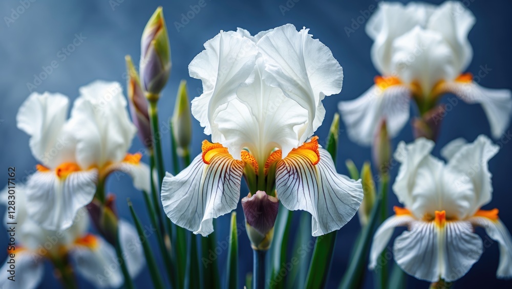 Fototapeta premium White iris flowers with orange accents and green leaves on a blue background illuminated by soft light.