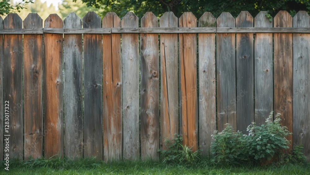 Wooden fence with varying shades and textures surrounded by grass and small plants in a residential setting. Wooden fence with varying shades and textures surrounded by grass and small plants in a residential setting.