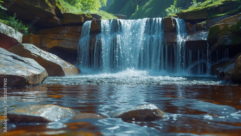 Obraz premium Waterfall cascading over rocky terrain into a clear pool surrounded by lush greenery in a serene natural setting.