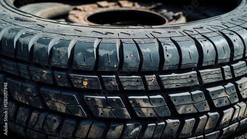 Worn tires in poor condition showcasing tread wear and potential road safety hazards related to vehicle maintenance and accident risks. photo