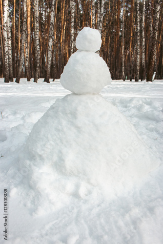 Obraz na płótnie Snowman without face in winter forest. Christmas fun. New Year celebration. Frost and snow background. Cute small snowman. Winter games. Winter leisure. Faceless snowman. w salonie