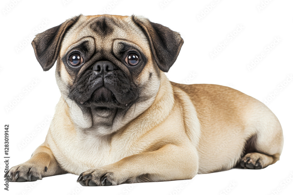 Pug lounging comfortably on a white background Pug lounging comfortably on a white background
