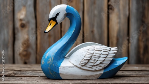 Fototapeta Naklejka Na Ścianę i Meble -  Wooden decorative swan figurine painted in blue and white positioned on a rustic wooden surface with a blurred wooden background.