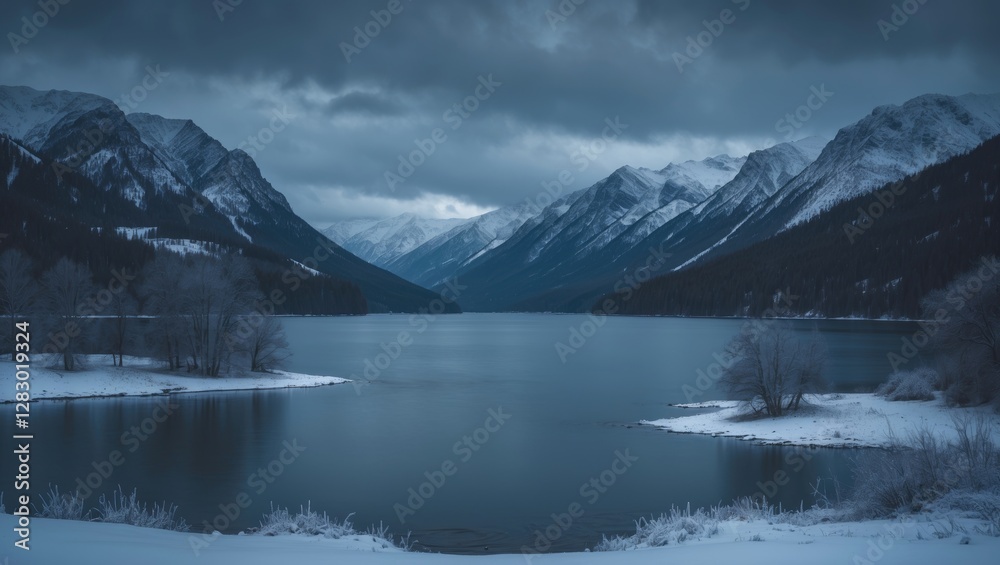 Snowy mountain landscape with a tranquil lake reflecting dark clouds in a cold, atmospheric setting. Winter scenery in blue tones. Snowy mountain landscape with a tranquil lake reflecting dark clouds in a cold, atmospheric setting. Winter scenery in blue tones.