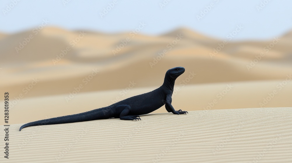 Fototapeta premium Black desert lizard basking in the sun on sand dunes.